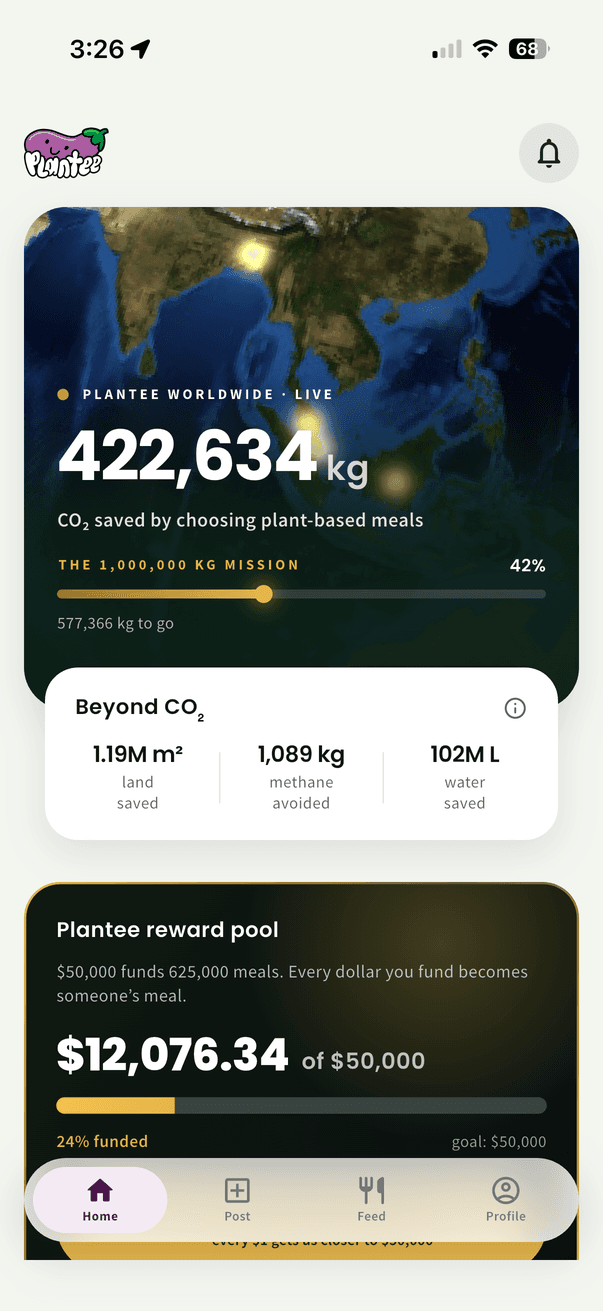 The Plantee home screen, with the reward pool funders top up