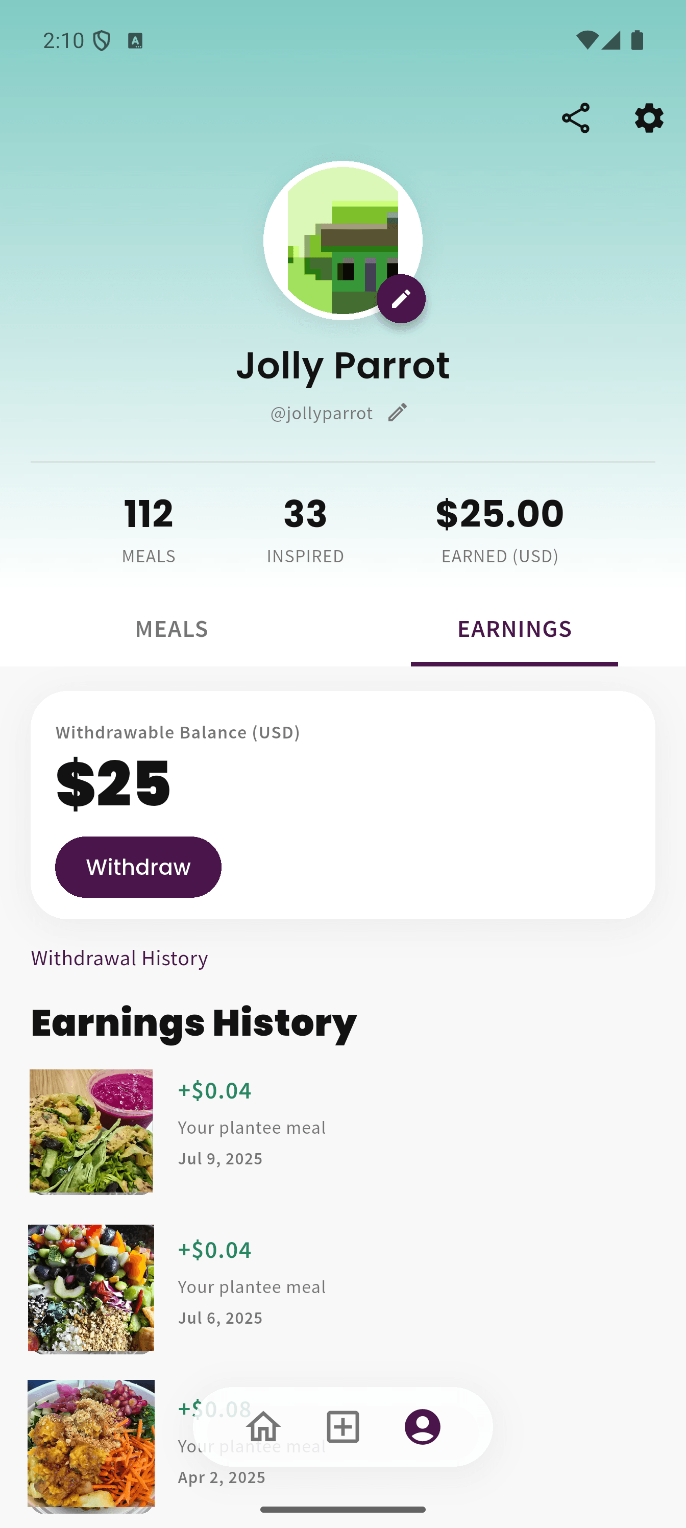 Plantee earnings screen showing the withdrawable balance and Withdraw button.