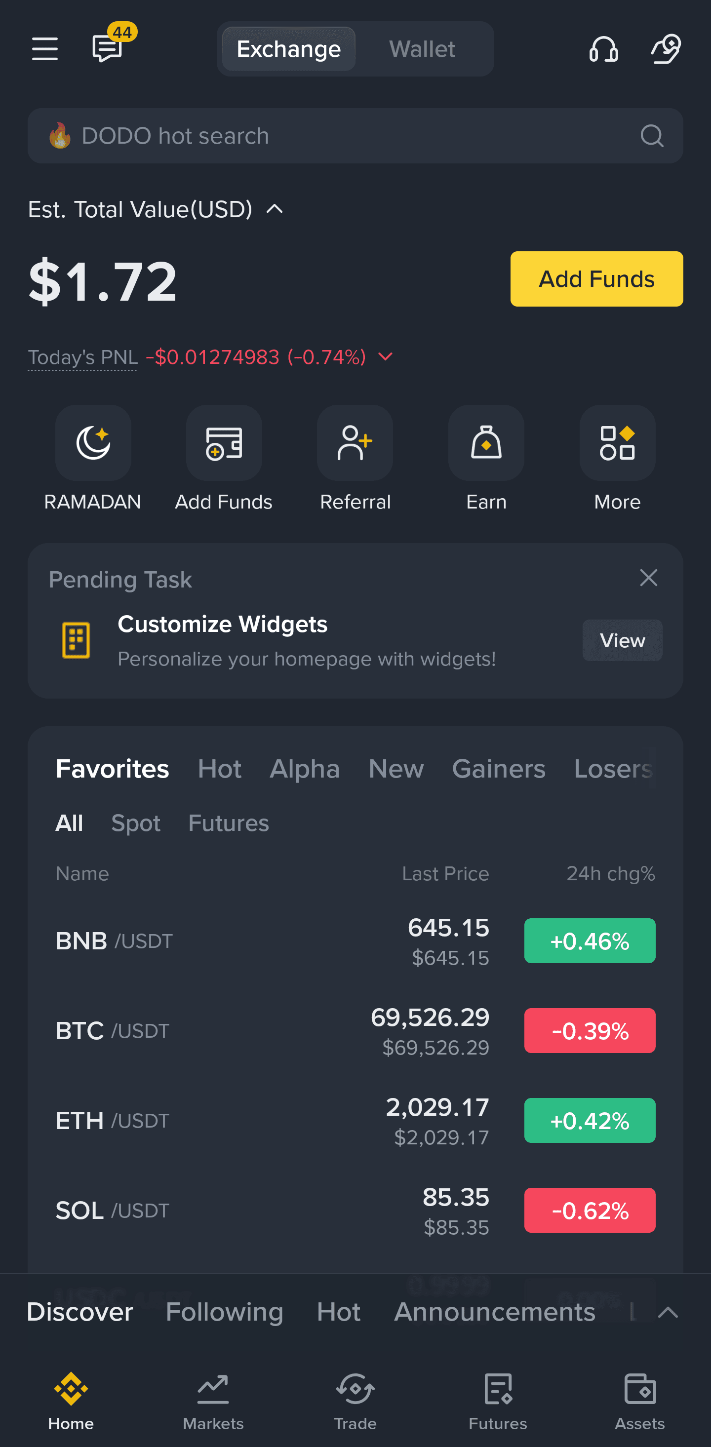 Binance home screen showing the Add Funds button.