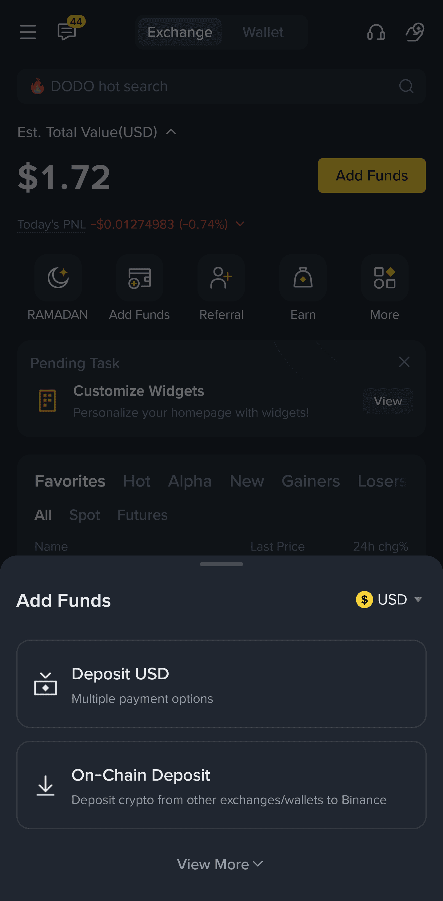 Binance add funds menu showing the On-Chain Deposit option.