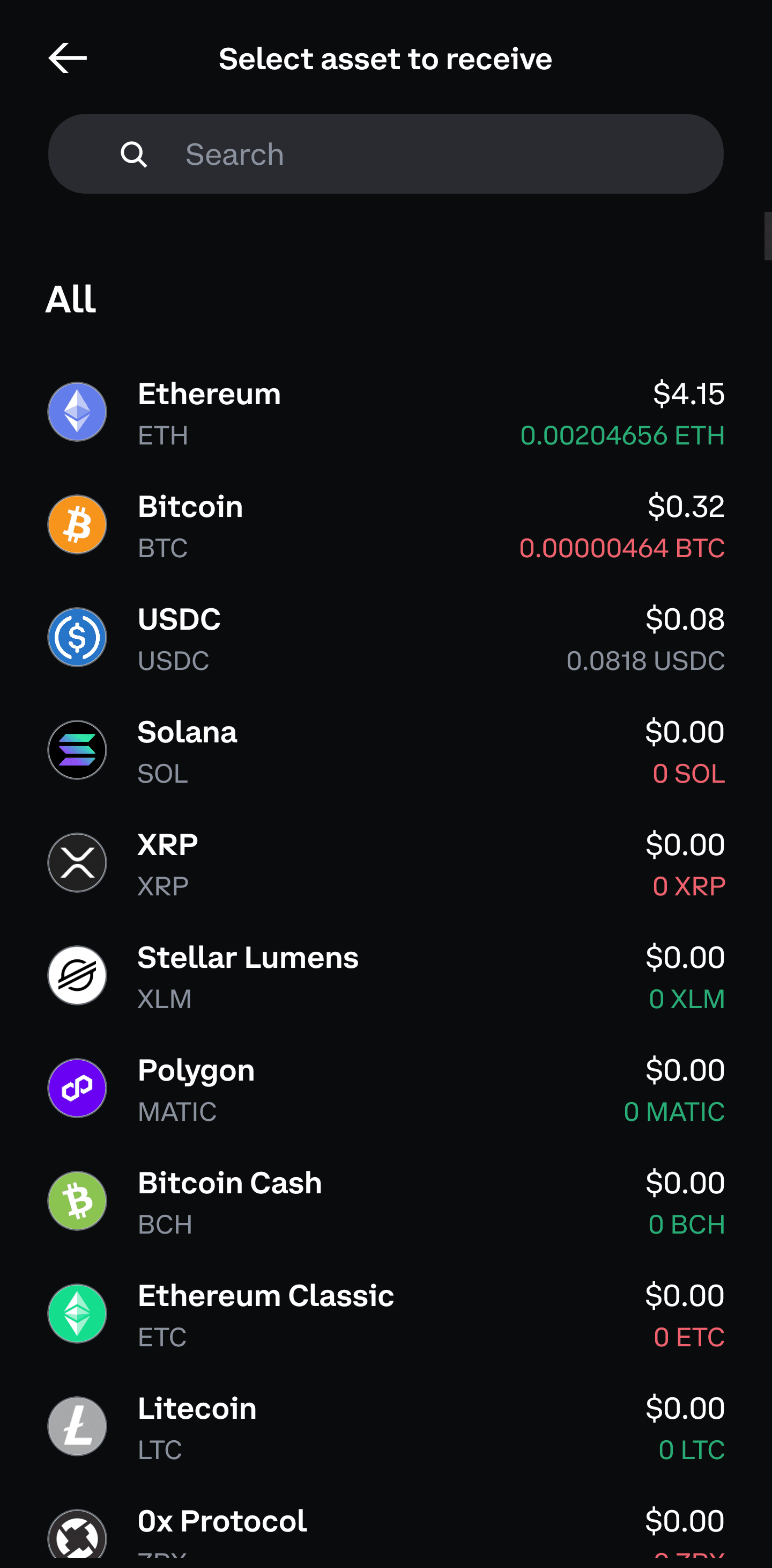 Coinbase asset list showing USDC as the receive asset.