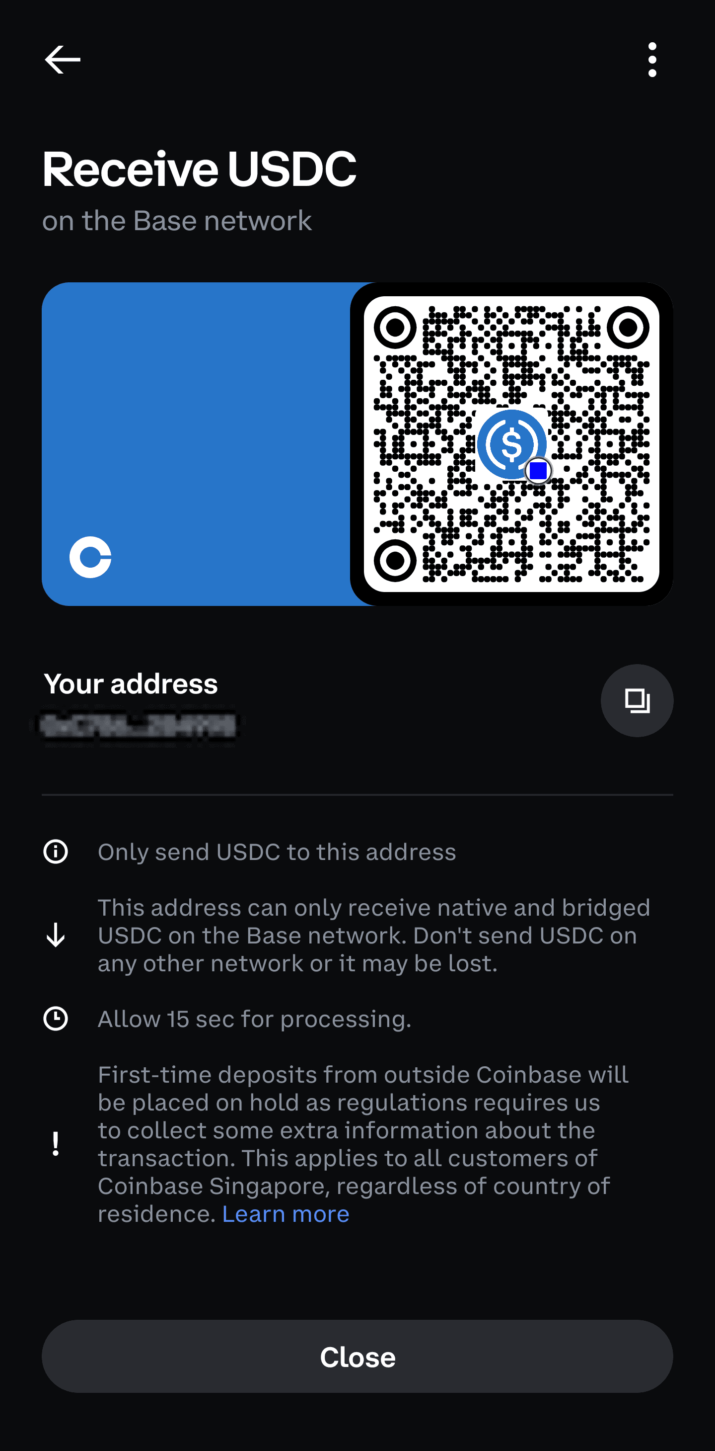 Coinbase receive screen showing a USDC address on the Base network and the copy button.
