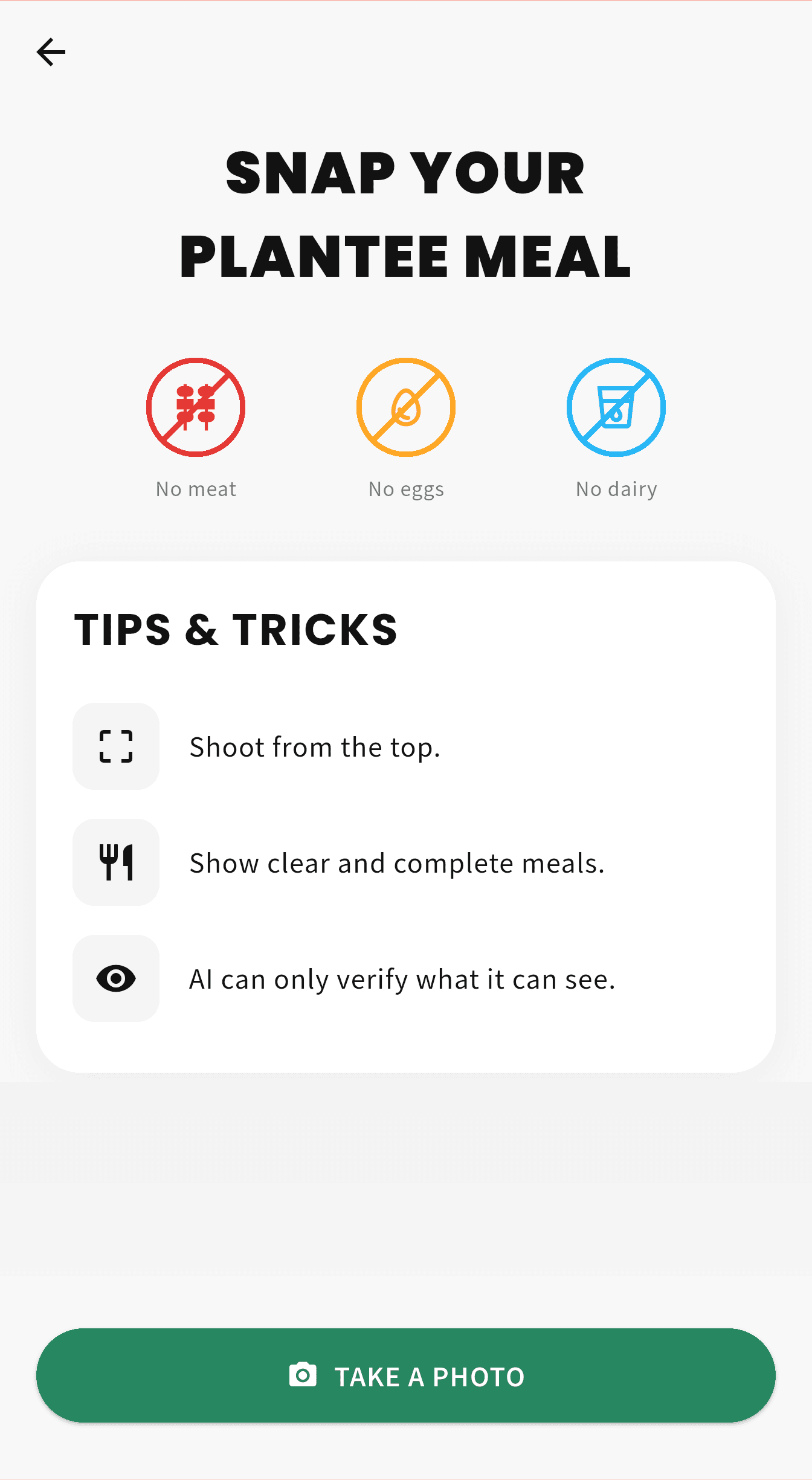 Plantee meal posting screen showing meal rules, photo tips, location prompt, and Take a Photo button.